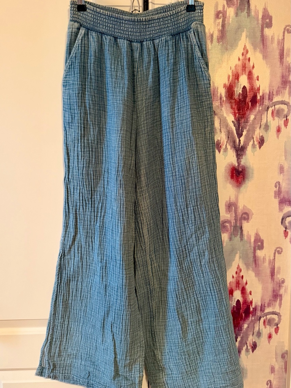 Light Blue Wide Leg Smocked Pants with Long Slit at Bottom